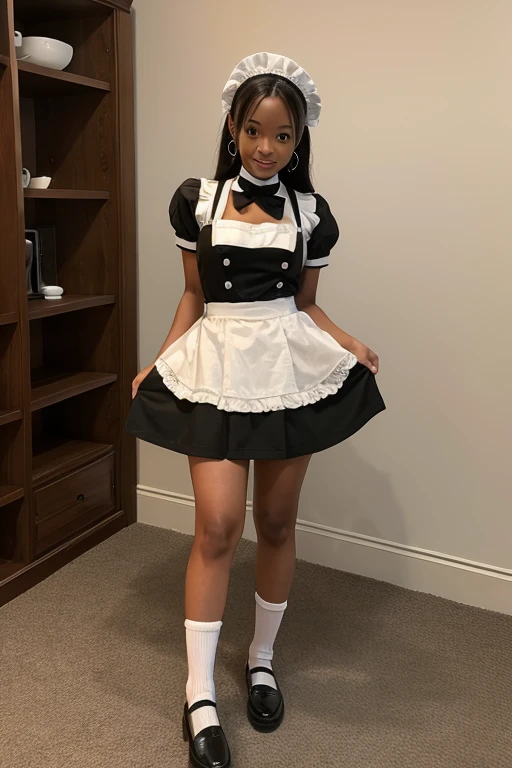 score_9, score_8_up, score_7_up,  1girl a (sexy young woman:1.1) south african maid with tightly coiled hair, dark eyes, dark skin, curvy, wearing a dark-colored (maid dress1.2) with a full skirt, long sleeves, a white apron, and potentially a headscarf, (stockings:1.1), maid small cap,  Retro Futurism, In a space-age inspired living room, featuring futuristic furniture with sleek curves and metallic finishes, neon accents casting a vibrant glow, a retro-futuristic entertainment system with a vintage television set and a collection of sci-fi novels lining the shelves, and a lava lamp bubbling rhythmically in one corner, blushing, sweating profusely, horny, sloppy, shameful, narrow waist, wide hips, saboten pose , figure four sitting, Masterpiece,best quality, photorealistic, amazing quality, very aesthetic, extremely detailed,