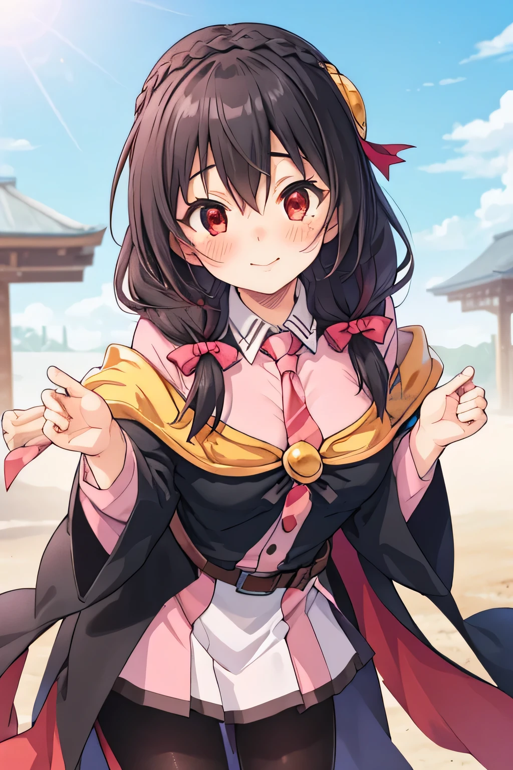 (masterpiece, top quality ), One girl , Yunyun, red eyes、 long hair, braided , twin tails, hair between eyebrows,hair bow, hair accessory as Kamui , Big Breasts ,(Cape:1.2), ties, shirt,pink shirt, Long Sleeve ,belt, pink skirt, pantyhose、 embarrassed smile、blush、blue sky、Light in the eyes 、(Sparkling eyes)、 Focus on the Face 、Leaning forward