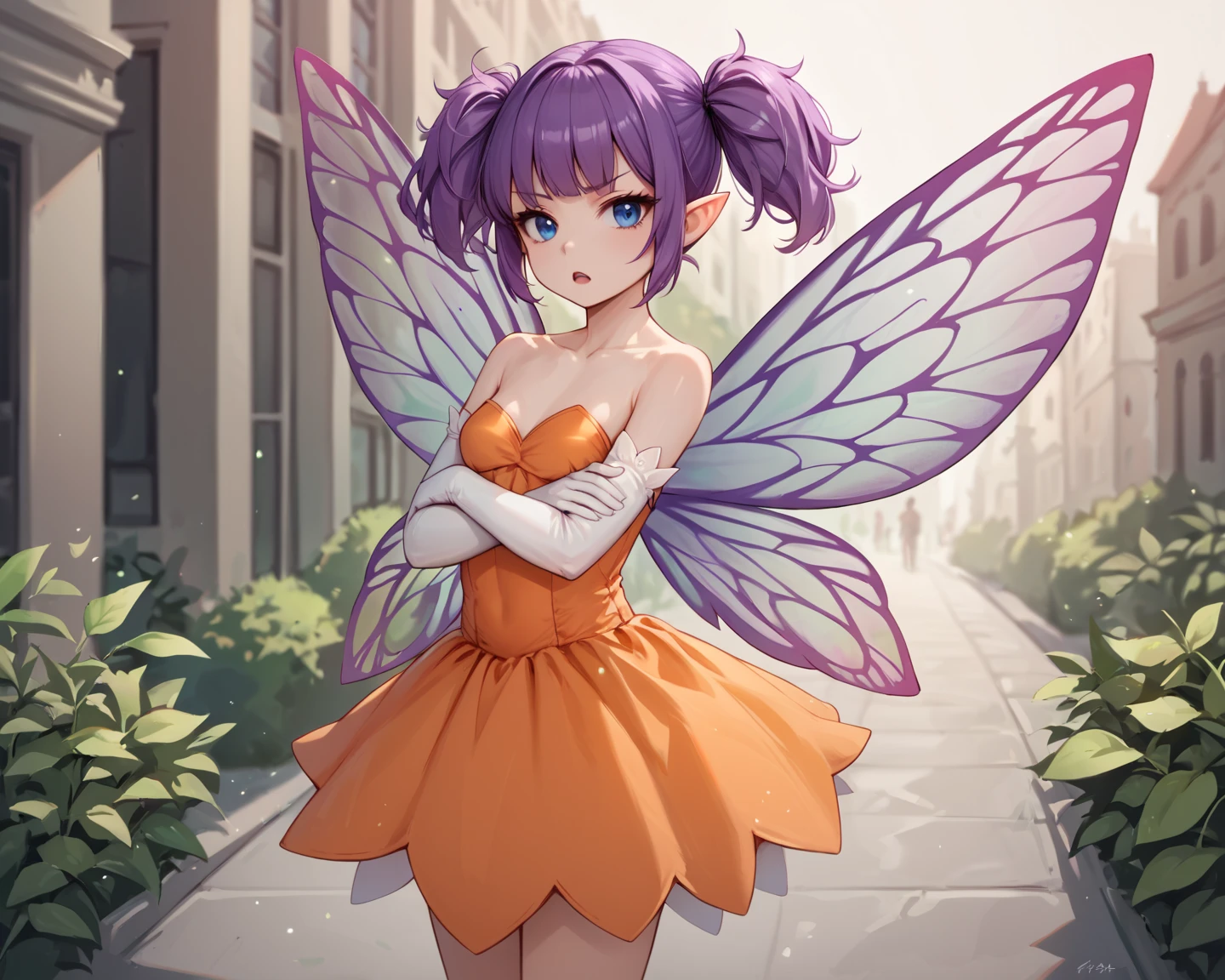 score_9_up, score_8_up, score_7_up, 1girl, solo, source_anime, fairy, FairyForm, Fairy Wings, Wings BREAK 

Short twintails, fairy wings, bangs, small breasts, purple hair, blue eyes BREAK 

Orange dress, shiny dress BREAK elbow gloves, white gloves, strapless, bare shoulders, frown, open mouth, crossed arms BREAK 

Looking at viewer, standing, outdoors, city, urban area BREAK 