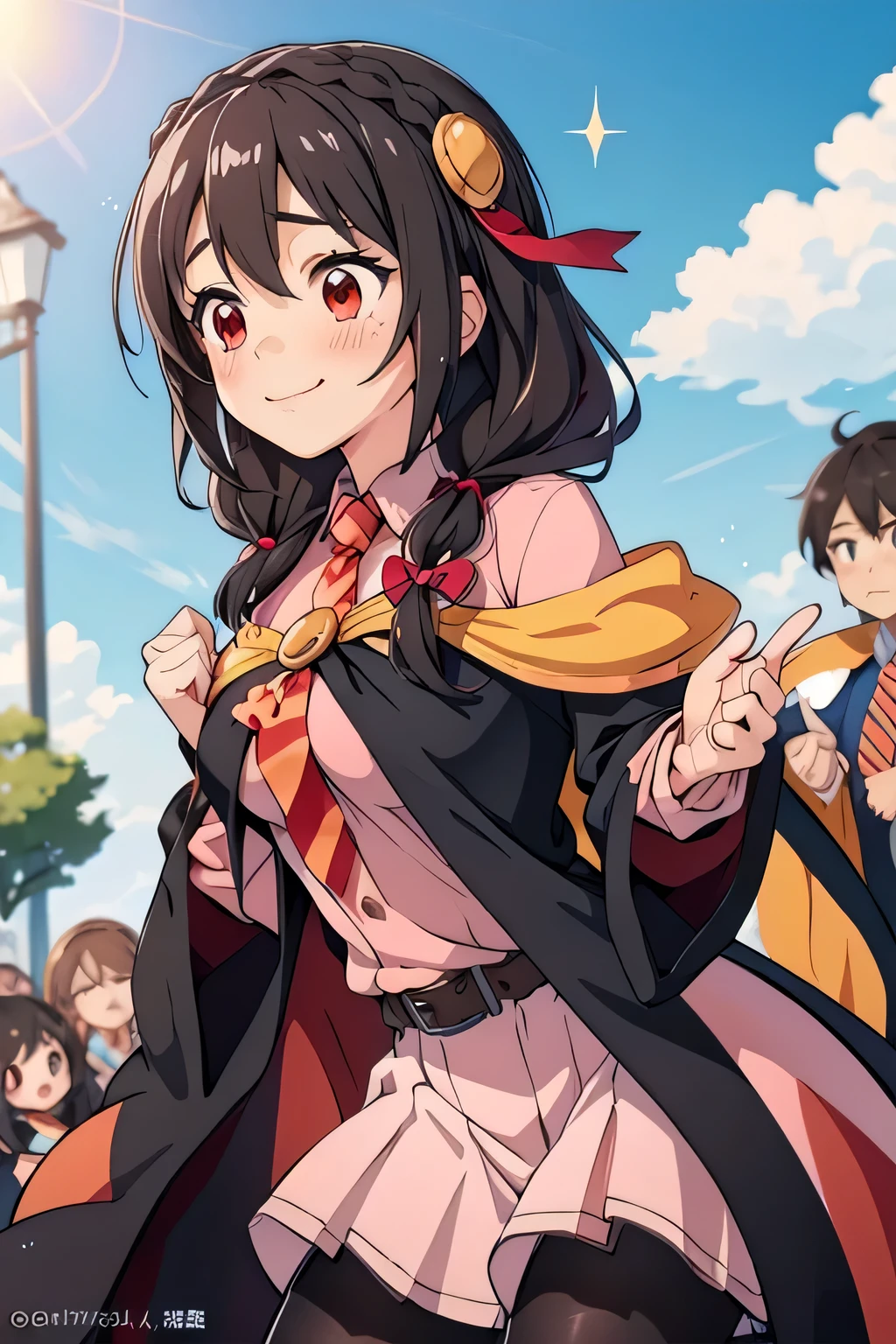 (masterpiece, top quality ), One girl , Yunyun, long hair, braided , twin tails, hair between eyebrows,hair bow, hair accessory as Kamui , ,(Cape:1.2), ties, shirt,pink shirt, Long Sleeve ,belt, pink skirt, pantyhose、 embarrassed smile、 side view、blue sky、 red eyes、Sparkling eyes、 Focus on the Face 、Leaning forward