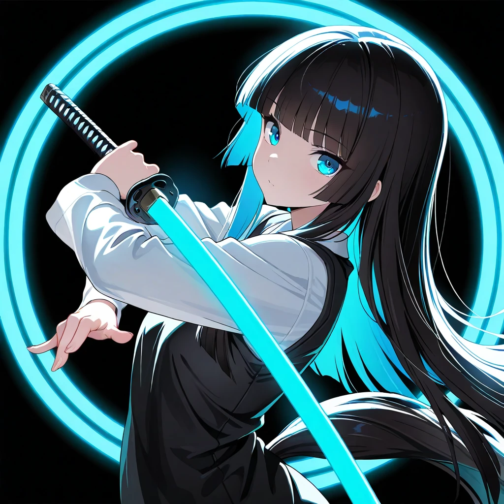 masterpiece,  top quality ,  great quality ,  character focus ,  minimalist,  Side Angle ,  upper body, hime cut, Long horse tail , cybernetic ,I have Katana, pose, Dynamic Angle ,  focus on face ,  viewers, Backlight,  one side light ,round background ,   with blue neon light,  black background