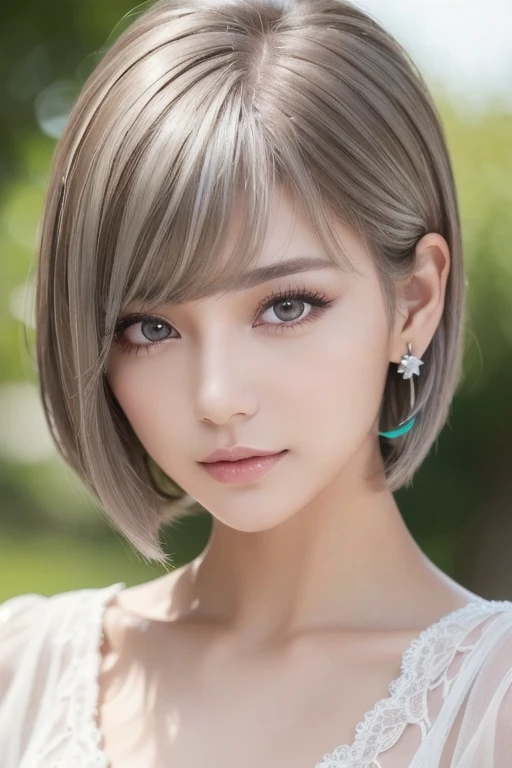 ( top quality , masterpiece),  One girl ,  beautiful girls,  brown_eye, ((hair color [Silver hair], [ pixie cut with a bang] hair)),  earrings for women with first name, lips, Short sleeve, realistic , Slim waist, Charming,   colorful makeup ,  has long eyelashes,  white skin, ( cute), (Detailed face), 詳細ed eye, Detailed iris, 