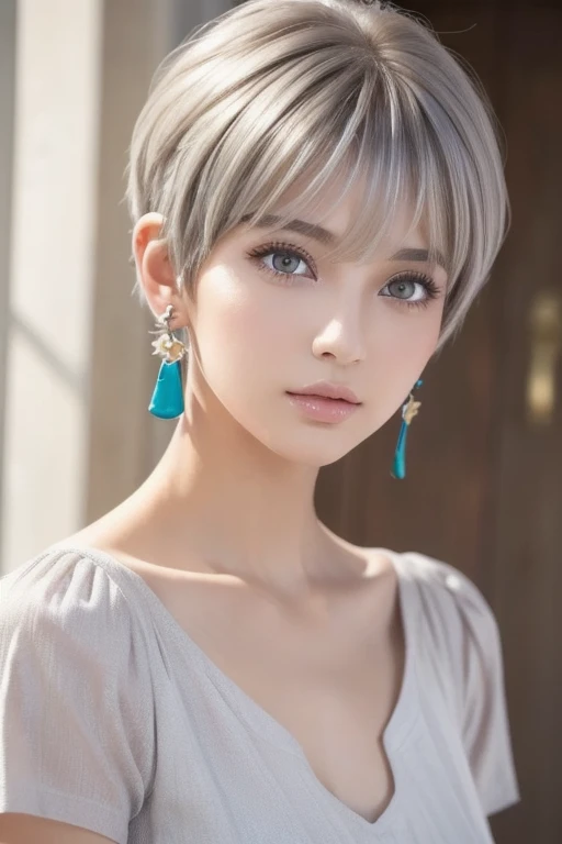 ( top quality , masterpiece),  One girl ,  beautiful girls,  brown_eye, ((hair color [Silver hair], [ pixie cut with a bang] hair)),  earrings for women with first name, lips, Short sleeve, realistic , Slim waist, Charming,   colorful makeup ,  has long eyelashes,  white skin, ( cute), (Detailed face), 詳細ed eye, Detailed iris, 