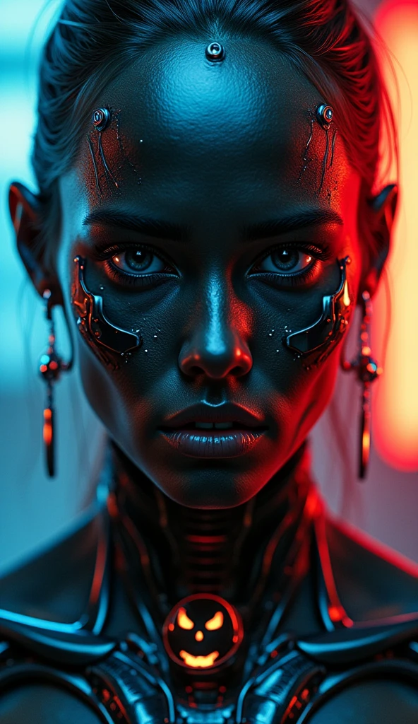 I want the face of a woman with robotic features and dark skin inspired by the Terminator movie and that at the bottom it has an animated Terminator sticker and that the background is with complementary colors of the chromatic circle in this case I want cold and warm contrasts 