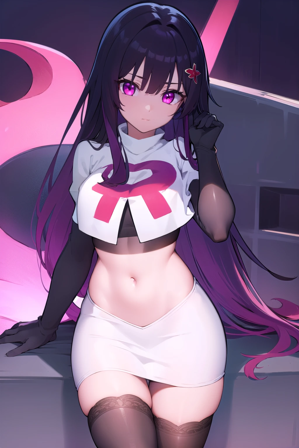 honkaisparkle, black hair, colored inner hair, glasses, hair intakes, hair ornament, hairclip, long hair, multicolored hair, (pink eyes:1.3), purple hair, straight hair, 
BREAK team rocket,team rocket uniform,white skirt,red letter R,crop top,black thigh-highs,black elbow gloves,
BREAK looking at viewer, cowboy shot,
BREAK (masterpiece:1.2), best quality, high resolution, unity 8k wallpaper, (illustration:0.8), (beautiful detailed eyes:1.6), extremely detailed face, perfect lighting, extremely detailed CG, (perfect hands, perfect anatomy),