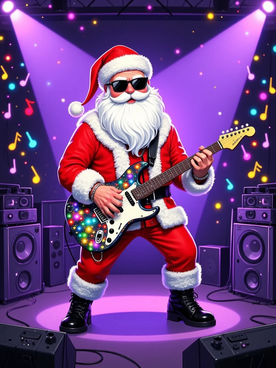 (((Illustration Art)))，The art of aesthetics， A festive scene 。 The center of the picture is a figure dressed as Santa Claus ， He's standing on the stage playing the electric guitar 。 The red Christmas costume worn by Santa Claus ， The white furry edge and big white beard are very conspicuous 。 Some black leather decorations on his costume ，It looks very cool 。  stage Wearing a red Christmas hat ， with white raw edges on the hat ， and he's also wearing a pair of sunglasses ， gives a stylish and unruly feeling 。 The electric guitar in his hand is decorated with colorful lights， There are some patterns on the guitar body ，It looks very gorgeous。  The stage background is full of festive elements ， The purple light shines from above ，It creates a dreamy atmosphere。 scene with lots of colorful lights scattered on the ， like a holiday lantern 。 can be seen in the background Some musical instruments and equipment ， suggests that this is a musical 。  The whole picture is brightly colored ，Full of festive atmosphere， also conveys a kind of rock energy and passion 。