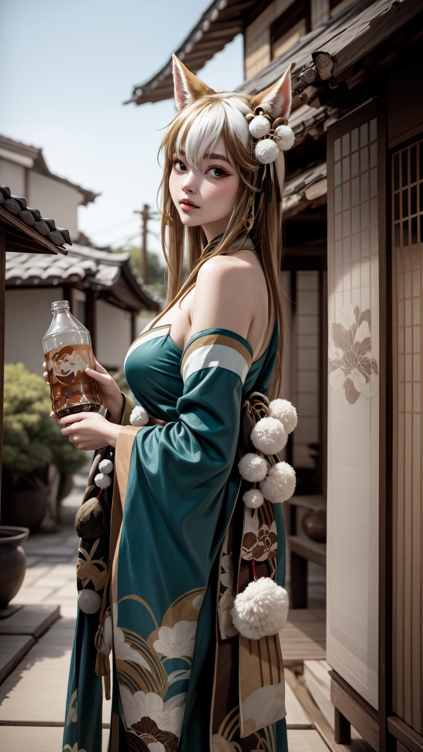  masterpiece,  better quality, De alta calidad,  upper body  ,  outdoor,  Looking at the viewer,  a girl, hina-fi  ,  Bicolor Hair  ,  Japanese clothing  , Green Kimono, cola,  bare shoulders, with cola