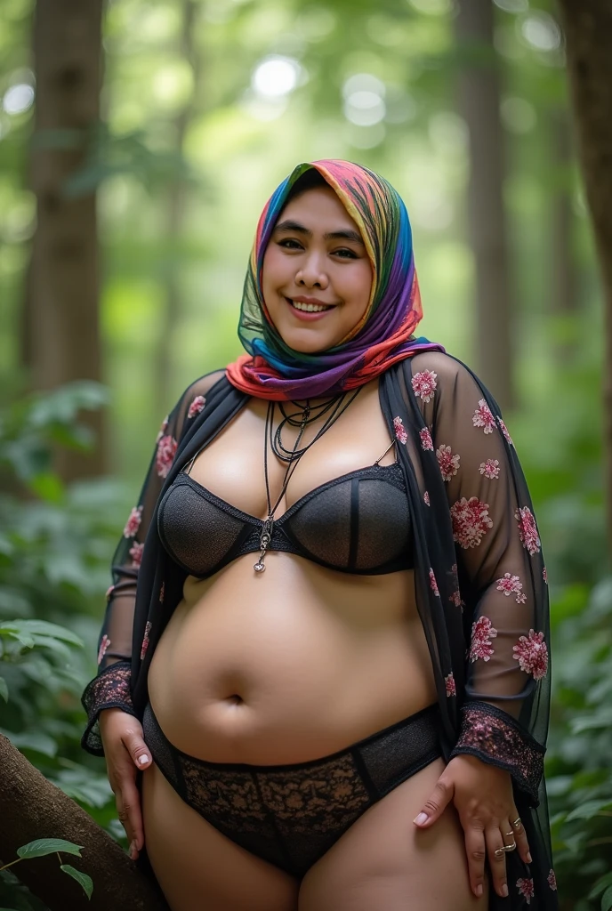 ((SHINY SKIN :1.5)), (((Straddling))), 77-years-old, "Very angry facial reaction", "Hijab", Bbw (chubby:1.5) Fat bra & Thong, Naked at forest, (Colourful Lingerie). Floral Pattern , she is screaming in pain.