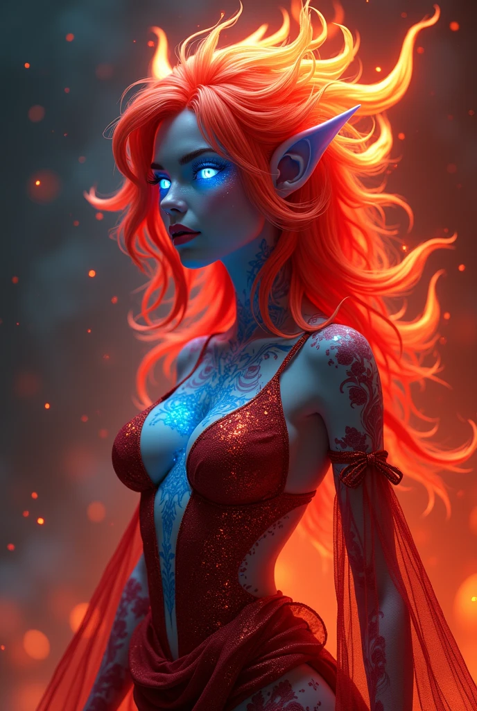 Nee Species woman: The Aetheris Pyronis are beautiful creatures that stand about 1.70 meters tall. They have shimmering skin in soft red tones that sparkles in the light, and their hair is like flames that glow in various shades of red. Their eyes shine a deep blue and can glow brightly when needed. Her own outfit style, skin with blue pattern, realistic