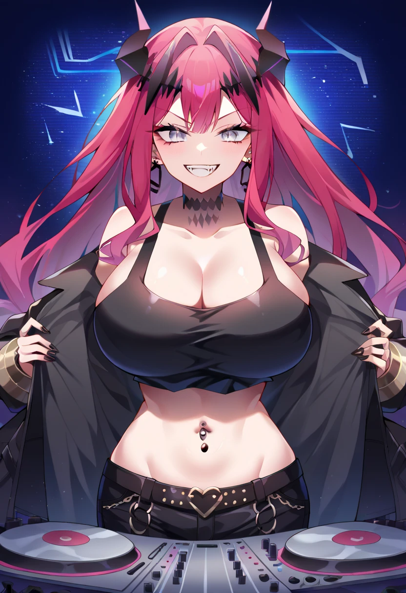 Masterpiece, source_anime, top-quality, perfect anatomically, correct anatomy, sharp focus, 4K,8K, anime girl, 2D,1girl, Baobhan sith(fate grand order), dj girl, dj outfit, vampire girl, red hair, pink hair, eyelashes, long hair, bangs,silver eyes, curvy body, very big breasts, huge breasts, huge breasts:2.4, breast bigger than head, thick breasts, thick hips, thick thighs, slim waist, tall:1.3, black tank top, crop top, tank top under coat, black choker, red and black coat, neon color coat, multicolored coat, loose coat, bare shoulder, black headphone, headphone cover ears, neon lines at headphone, belly, navel, navel piercing, earring, black fingernails, sharp fingernails,  bracelets, black pants, nighttime, night atmosphere, in night party, in the pub, neon light, standing, looking at side, front view, upper body, close up, smile, grin, fangs