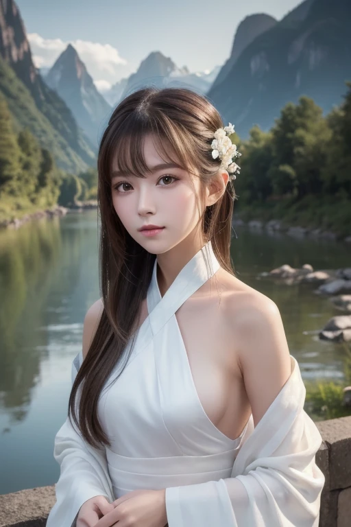  top quality , masterpiece,  high res,,  One girl ,  detailed face , ( upper body:1.6),  Cyber City , Mountains and Rivers,   knight , Firefly Light,  realistic ,  rich in detail , (White Hanfu:1.2), ( beautiful body :1.4),