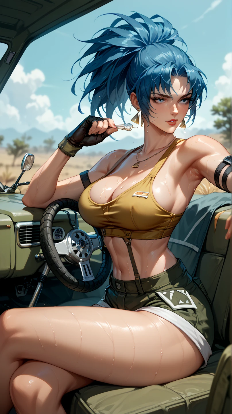 Sexy leona heidern,  Dark blue hair , triangle earrings,  In a wasteland, pose sexy, Sitting in a Jeep, sweating, 