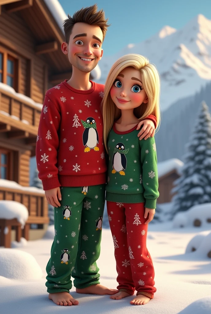 Create a Pixar style image of two engaged couples who are in a chalet in the mountains in winter with snow. She has straight blonde hair , a slightly scaled haircut a little longer than the shoulder , has blue eyes with a few shades of gray , she is slim and wears red and green Christmas pajamas . Lui è moro con i capelli lisci e un taglio di capelli undercut con i capelli che gli scendono fino alle orecchie, thin and as tall as her fiancée , brown eyes and wears Christmas pajamas with 3 penguins