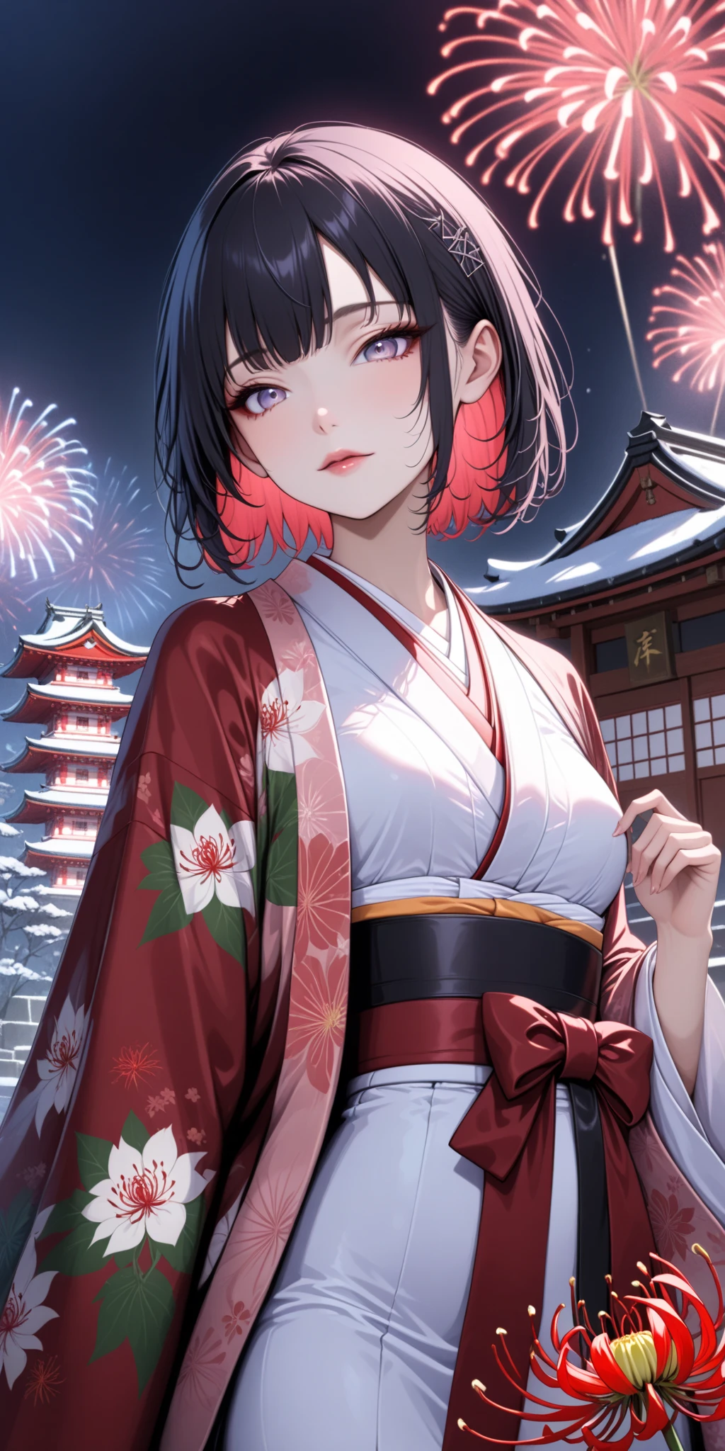 score_9, score_8_up, score_9_up, source_anime, ellenjoe, night, passionless, closed mouth, ellen joe, black hair,  sexy body, colored inner hair, multicolored hair, grey eyes, winter, air into her hair, she's touching her hairs, beautiful face, back kimono with red spider lily pattern, stunning eyes, red hair, short hair, close-up,  two-tone hair, night, new year japanese temple, new year fireworks, morning, nostalgic face, elegant red kimono, long kimono, half open kimono, half open kimono, kimono open in the chest, small breasts, half opened kimono, red spider lily printing in the kimono, pink obi, winter,  winter dress, long skirt, lace collar, lace, sexy body,  small breasts, two-tone hair,  looking at viewer, beautiful eyes, solo, fantasy world, night, beautiful eyes