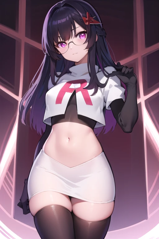 kanaotsuyuri, kanao tsuyuri, black hair, butterfly, butterfly hair ornament, (purple eyes:1.1), side ponytail, ponytail,
BREAK team rocket,team rocket uniform, red letter R, white skirt,white crop top,black thigh-highs,black elbow gloves
BREAK looking at viewer,
BREAK (masterpiece:1.2), best quality, high resolution, unity 8k wallpaper, (illustration:0.8), (beautiful detailed eyes:1.6), extremely detailed face, perfect lighting, extremely detailed CG, (perfect hands, perfect anatomy),