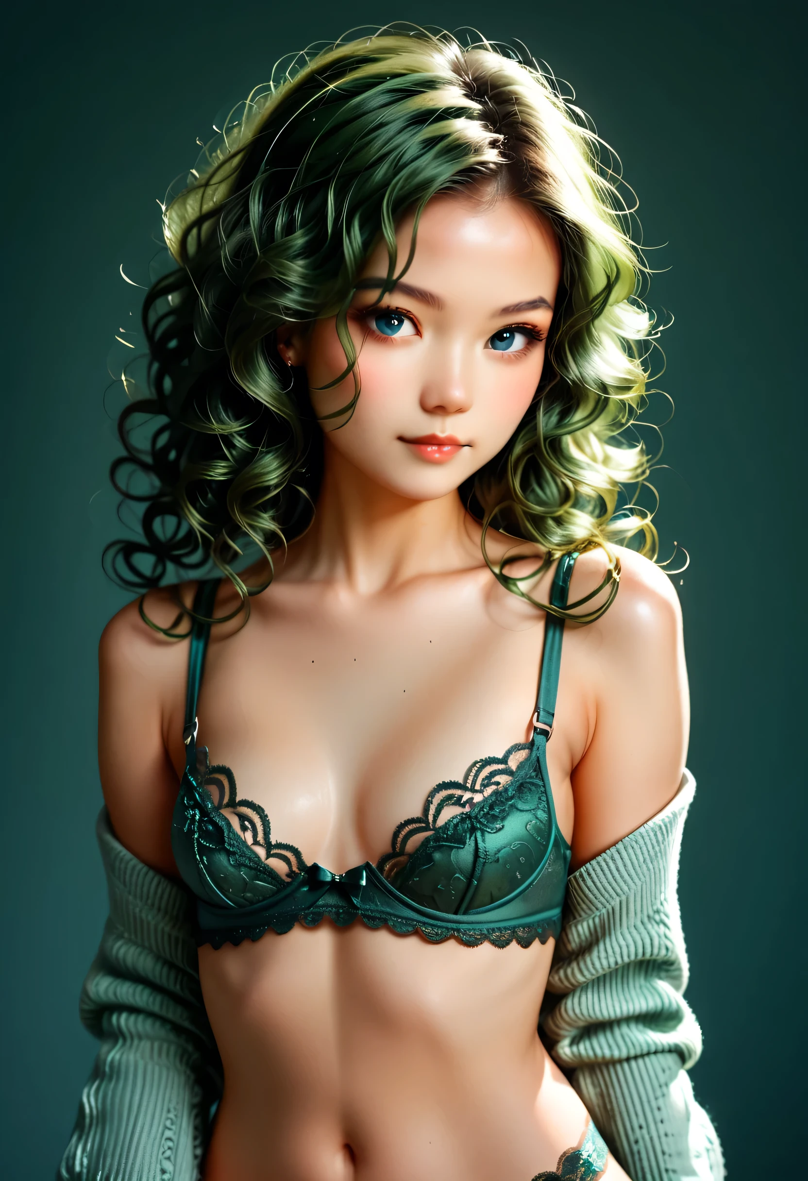 1 Asian girl, 20 years old, sexy, sensual, long curly red hair, wearing sexy emerald green lace panties and bra, detailed breasts, showing detailed stomach and detailed legs, small breasts, cute face, blue eyes,, tall emerald green socks, portrait, 