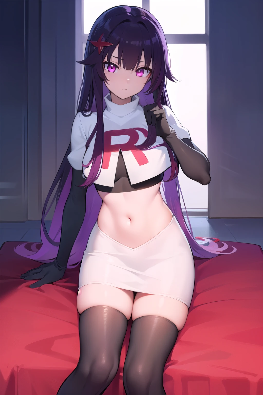 best quality, masterpiece, highres, solo, {keqing_genshin:1.15}, long_hair, purple_hair, purple_eyes, hair_bun, cone_hair_bun, twintails, bangs, double_bun, breasts, hair_ornament, blush, braid, medium_breasts, 1girl, bare_shoulders, cleavage, looking_at_viewer,hair_between_eyes, large_breasts, team rocket,team rocket uniform,white skirt,red letter R,crop top,black thigh-high boots,black elbow gloves,