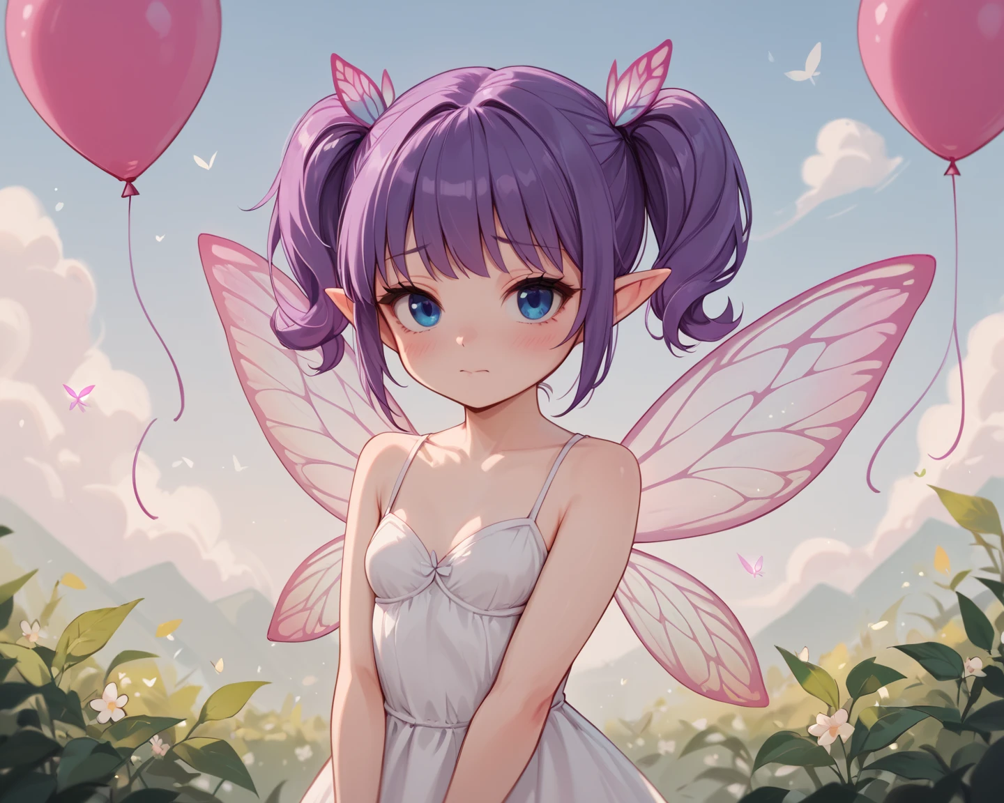 score_9_up, score_8_up, score_7_up, 1girl, solo, source_anime, fairy, FairyForm, Fairy Wings, Wings BREAK 

Short twintails, fairy wings, bangs, small breasts, purple hair, blue eyes BREAK 

White dress BREAK 

Closed mouth, shy face, looking at viewer, standing, outdoors, background sky, cloudy sky, blue sky, balloons BREAK 