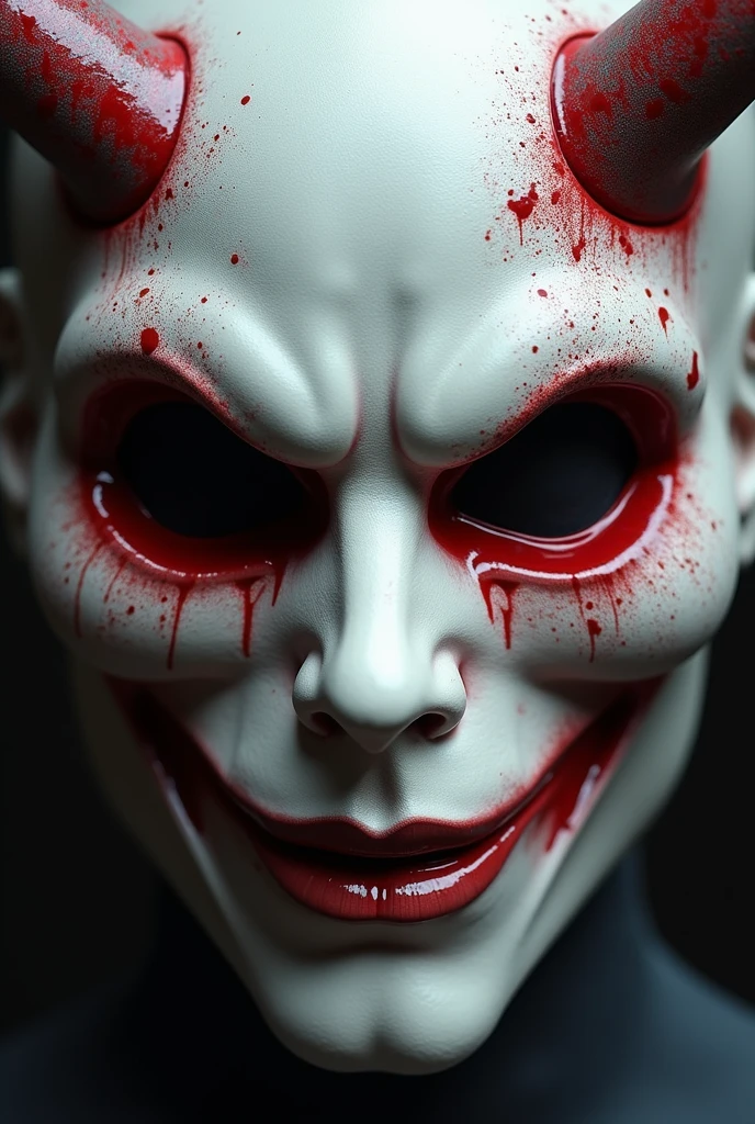 Just a white facial mask stained with blood, on top of a black wooden table