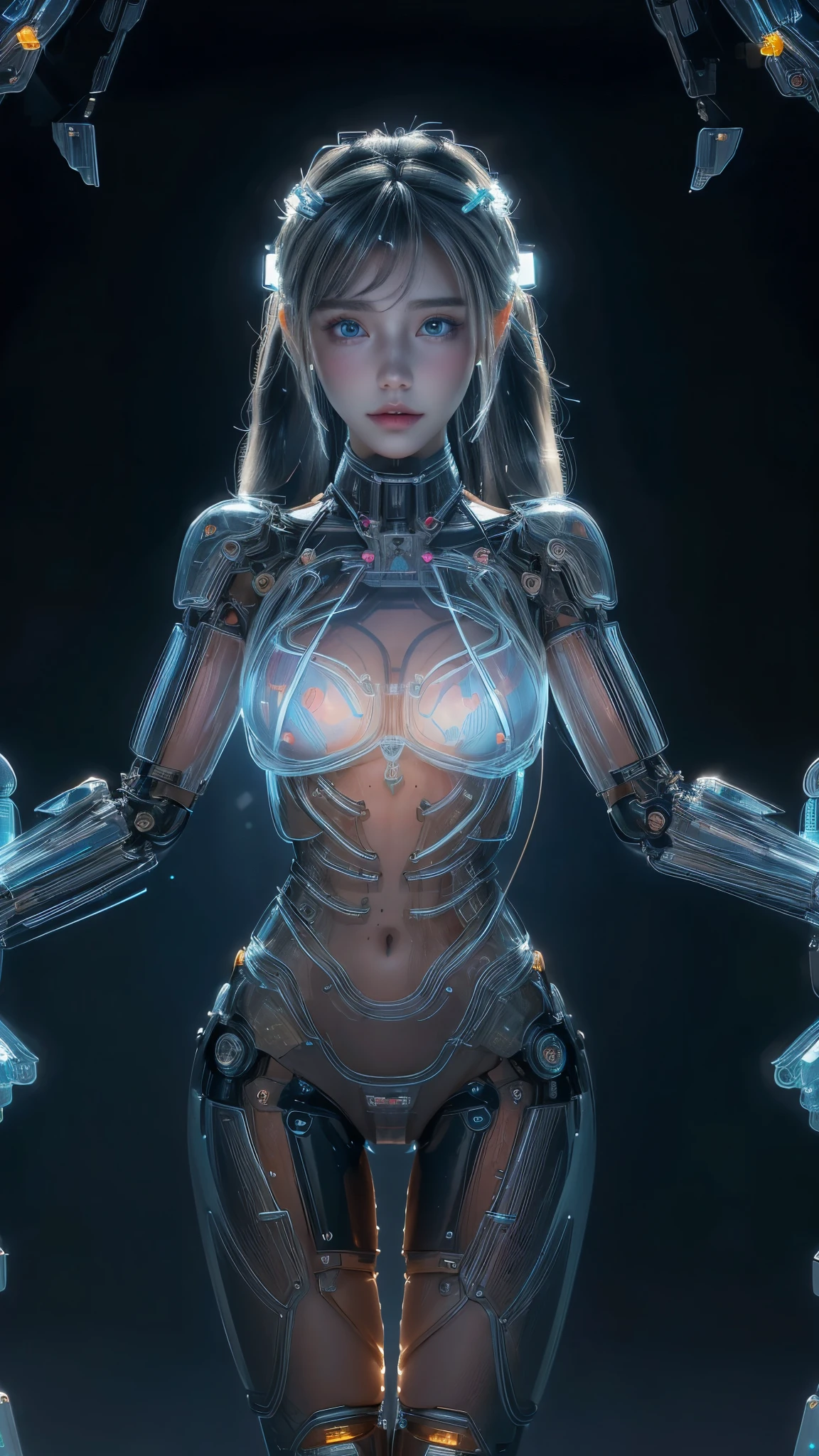 (((master part)))), (((extremely high quality)))), ((Ultra Definition)), (Fotorealidade muito detalhada), (((Muito delicado e bonito)), mega qualidade, 4k, Ultra resolution, (Rosto delicado e bonito), Cinematic light, (((Mulher android))), woman with mechanical parts, mulher com proteses mecanicas, mechanical veins, belly with mechanical parts, mechanical bone spines, mechanic legs, pernas mecanizadas, mechanical arms, robot arms, luz neon, luz led, (Olhos brilhantes), (Neon light eyes), (((Sentado))), in the kneeling position, sentada, ((Cables connected to body prostheses)), (Cables connected to the arms), (Mechanical cables connected to the back), (Cabos conectados as pernas), ((Pernas muito detalhado)), ((Very detailed arms)), ((Ultra detailed prosthetics)), ((Corpo ultra detalhado)), (Peças com extremely high quality)