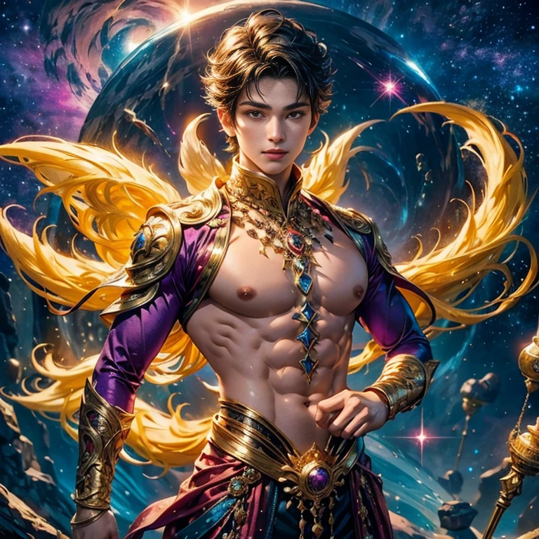  is just a masterpiece ! 8K Ultra HD, A boy with a magical aura,  six-tailed fairy fox, good face,  short hair ,  detailed eyes ,  big puffy nipples, shiny lips, purple prince costume, golden sparkling suit , aura around the body,  magic effect, six-tailed fox . Cosmic elements and the ethereal atmosphere, A mix of bright lights and colorful nebulae, universe background,  perfect body, golden whirlwind of fantasy  !