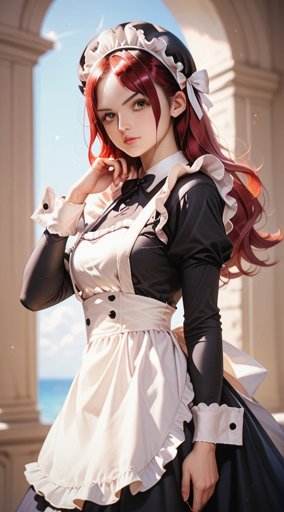 focused to upper body, realistic, 1girl, red hair, sparkling yellow eyes, maid outfit, black hat, standing pose, manor background, perfect limbs,wearing marine coat from one piece anime
