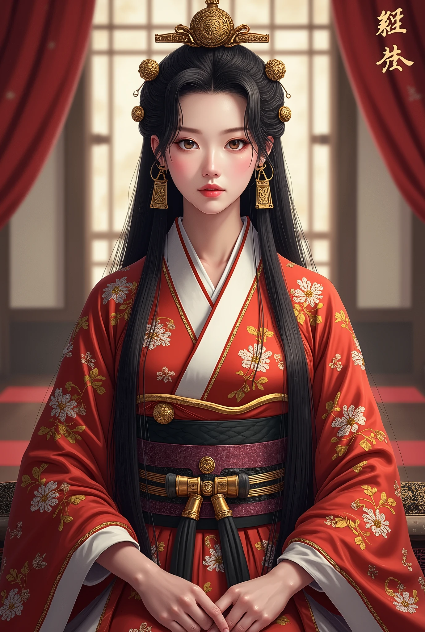  Japan's Sengoku period story ,  Toyotomi Hideyori's wife, young Senhime, Body facing forward,  Black Hair Long Straight , Beautiful and elegant face , Inside Osaka Castle ,  gorgeous costume ,  high image quality, masterpiece, 