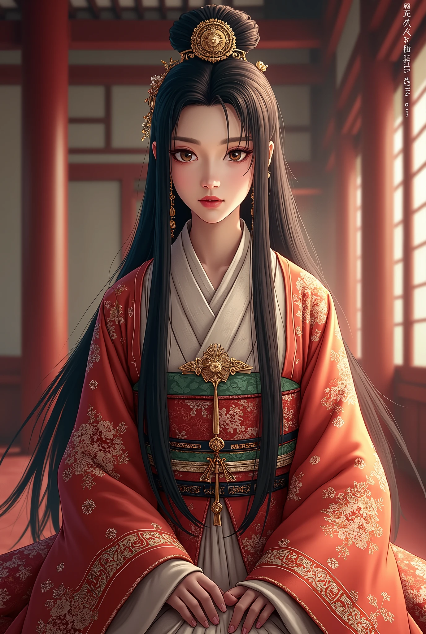  Japan's Sengoku period story ,  Toyotomi Hideyori's wife, young Senhime, Body facing forward,  Black Hair Long Straight , Beautiful and elegant face , Inside Osaka Castle ,  gorgeous costume ,  high image quality, masterpiece, 