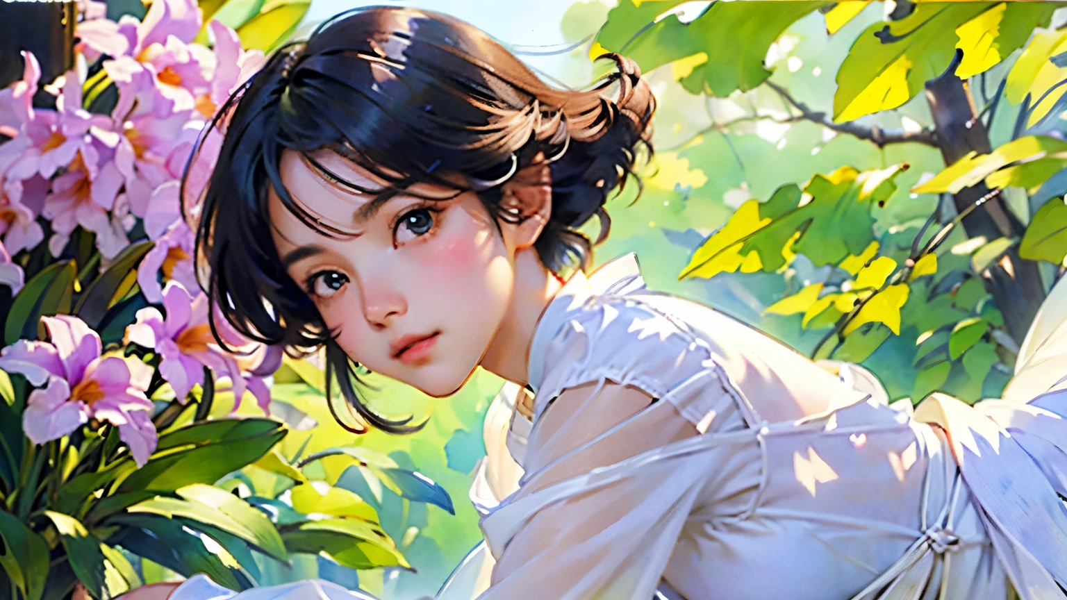 ( top quality 、 high res、masterpiece)、4K Anime Art、( woman in a white dress、 upper body、手に持ったCattleyaの花)、(Cattleya, Alone, Three Flowers, close-up,  full body , full bloom, nature,  Habitat  )、 ray tracing、(Soft light)、( soft focus)、( Sargent style watercolor)、( Edmund Layton Style )、( Herbert James Draper Style)、(  impressionist style )、(White background)、(Blank Background)、 blur the background 、