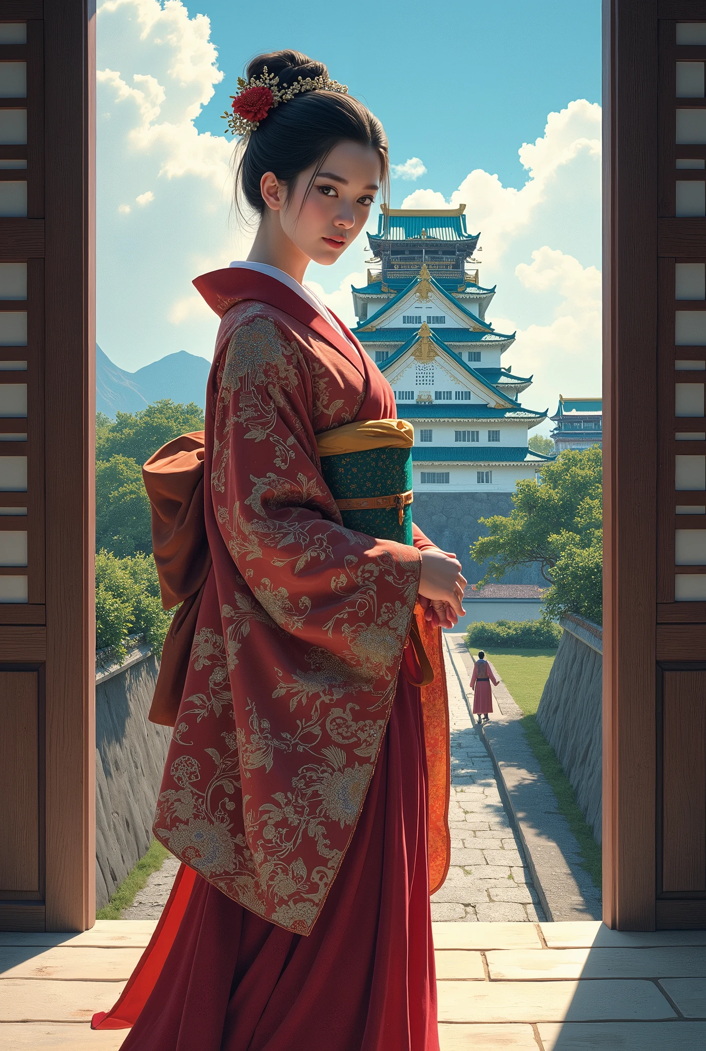  Japan's Sengoku period story ,  Toyotomi Hideyori's wife, the young Senhime, Inside Osaka Castle ,  gorgeous costume ,  high image quality, masterpiece, 