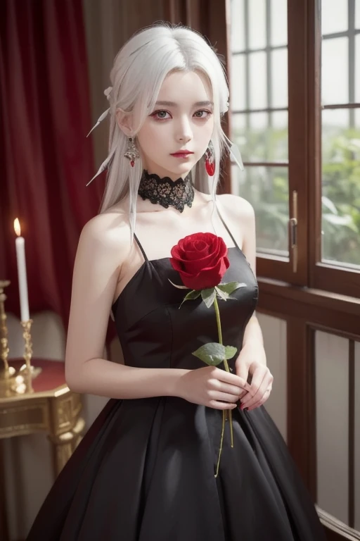 (Best quality, Masterpiece), (1girll, Solo, Black dress, standing , view the viewer, White hair, Red eyes, Holding a rose, Closed mouth, Upper body), (Red Dreamers are behind, Red flower, )