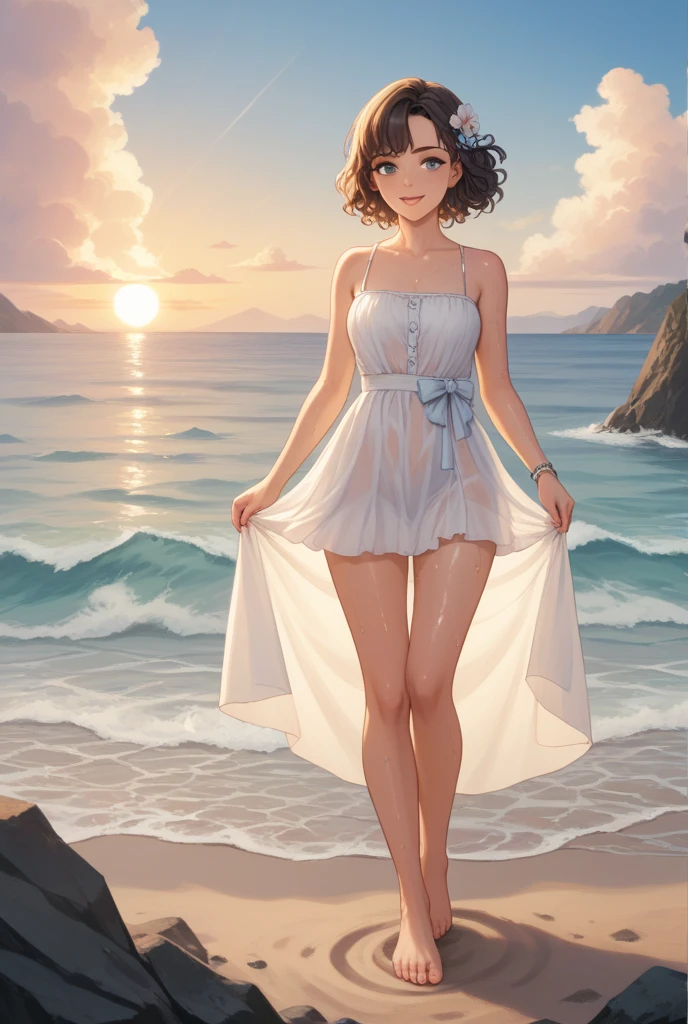 Masterpiece, high quality, best quality, HD, realistic, perfect lighting, detailed body, 1 woman, perfect eyes, short hair, dark blue Hair, glowing, White girl Dress, Beach background.