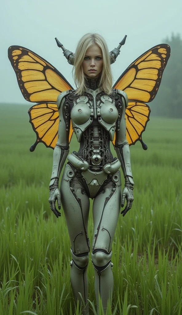 A cyborg girl wearing a moth-like plug suit、Detailed skin、Actual item、grassland、photograph、((Big moth wings))、((Ancient Technology))、((Model pose))、cyber punk、skeleton、Wide-angle lens、nsfw:1.2、A plug suit that emphasizes bondage、Exposed internal machinery、Artistic、delicate