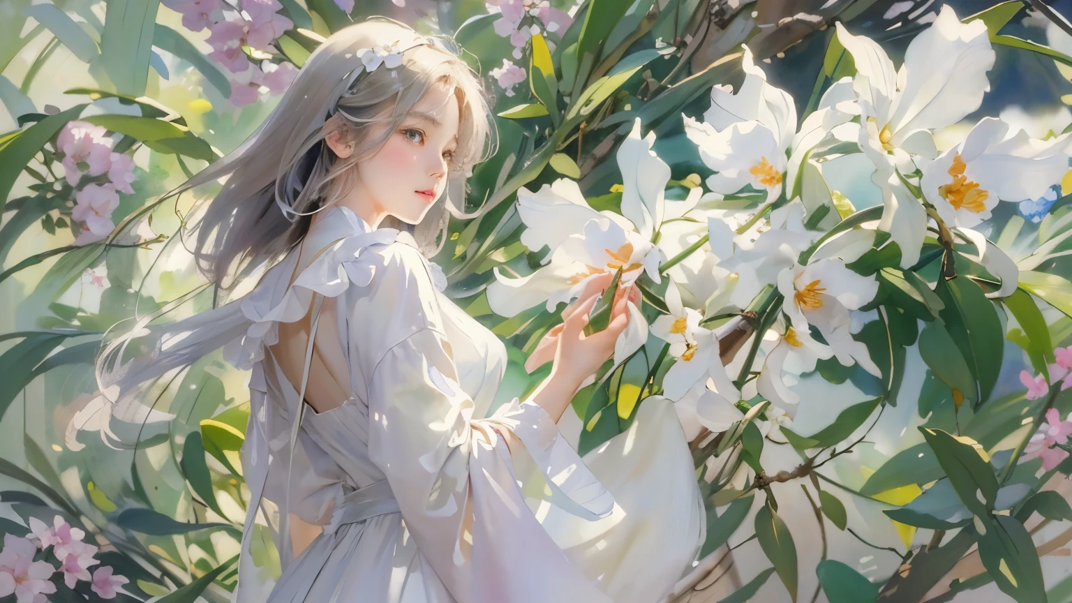 ( top quality 、 high res、masterpiece)、4K Anime Art、( woman in a white dress、 upper body、手に持ったCattleyaの花)、(Cattleya, Alone, Three Flowers, close-up,  full body , full bloom, nature,  Habitat  )、 ray tracing、(Soft light)、( soft focus)、( Sargent style watercolor)、( Edmund Layton Style )、( Herbert James Draper Style)、(  impressionist style )、(White background)、(Blank Background)、 blur the background 、