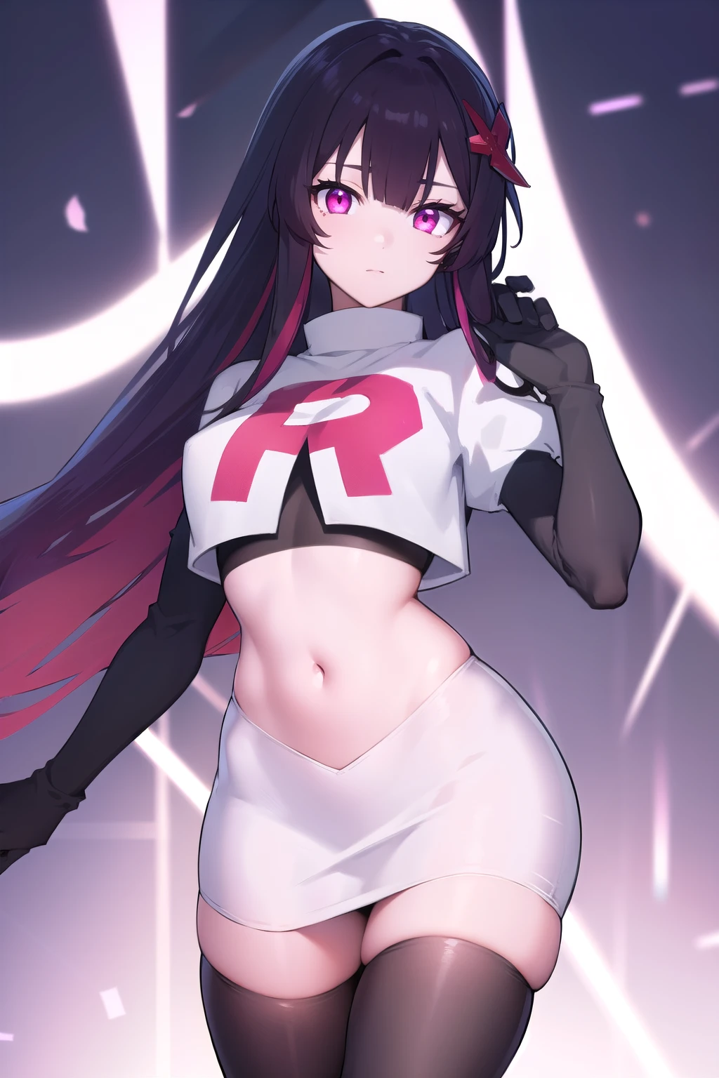 honkaisparkle, black hair, colored inner hair, glasses, hair intakes, hair ornament, hairclip, long hair, multicolored hair, (pink eyes:1.3), purple hair, straight hair, 
BREAK team rocket,team rocket uniform,white skirt,red letter R,crop top,black thigh-highs,black elbow gloves,
BREAK looking at viewer, cowboy shot,
BREAK (masterpiece:1.2), best quality, high resolution, unity 8k wallpaper, (illustration:0.8), (beautiful detailed eyes:1.6), extremely detailed face, perfect lighting, extremely detailed CG, (perfect hands, perfect anatomy),