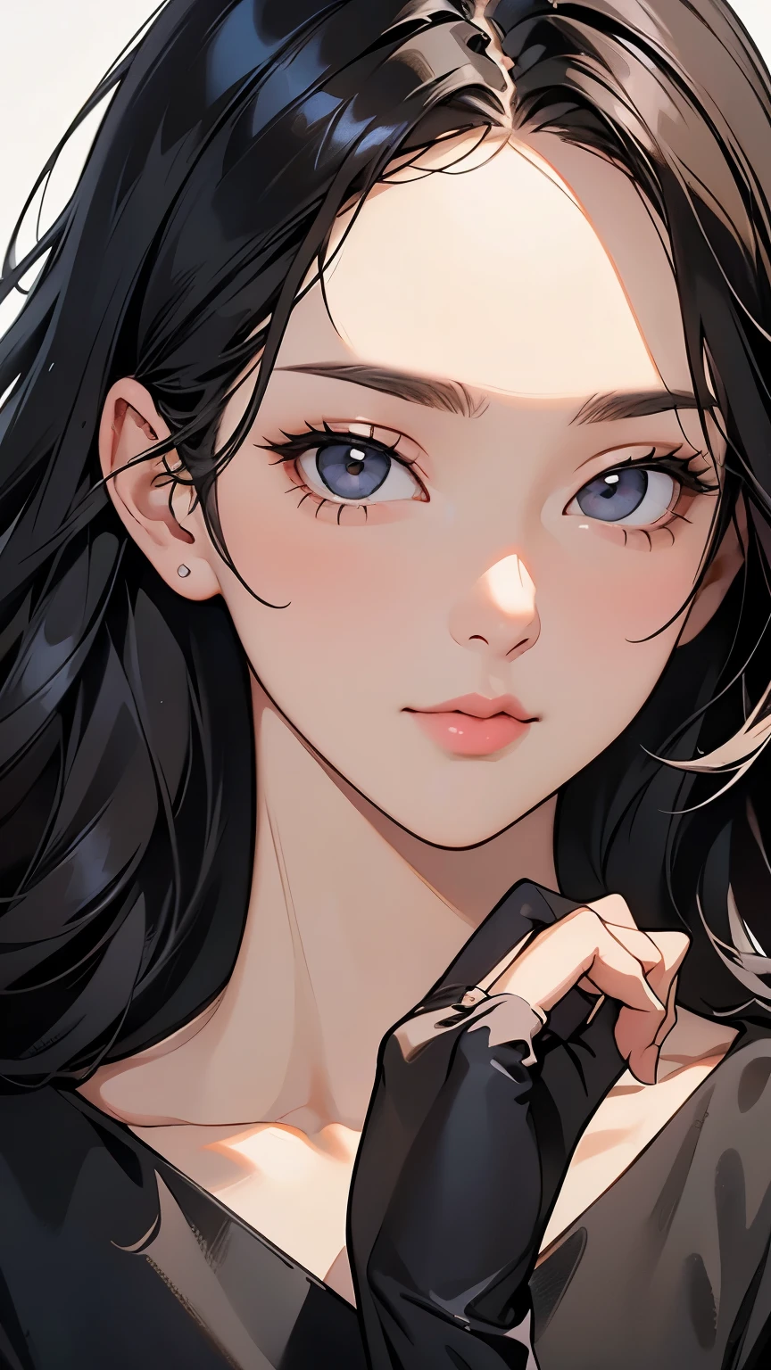 photo realistic ,  lip gloss,  realistic ,  top quality ,  super high res, Depth,  pastel colors , Natural Shading,  focus on the face, Only the face, Watching viewers,  long hair,  black hair, Brown detailed eyes,  black dress,  gloves,  anatomically correct 