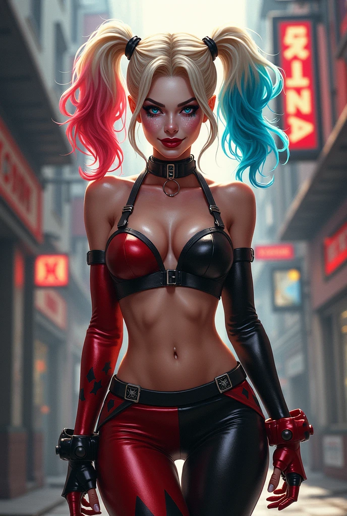 Harley Quinn DC comic, bikiny blanco, (Harley Quinn), fox, blackfox, cola de zorro, cuerpo perfecto, contextura media, mazo de Harley Quinn, cara de loca, lengua afuera, boos, ass, big boobs, big ass, small bikiny