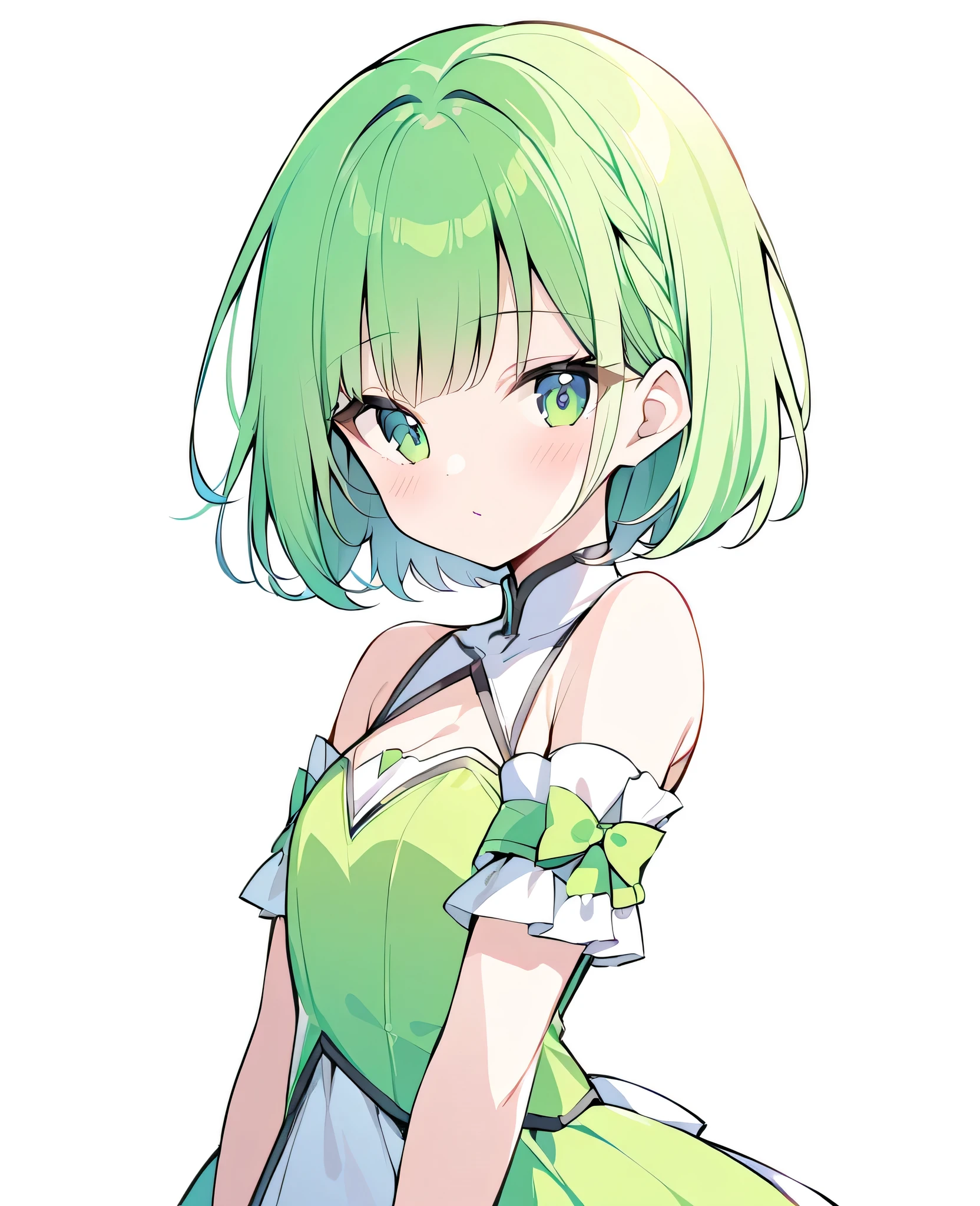 ((1 person)), girl , top rated on pixiv, Highest Masterpieces,Green Hair, short bob hair, green eyes,Princess, empty background,(White background)