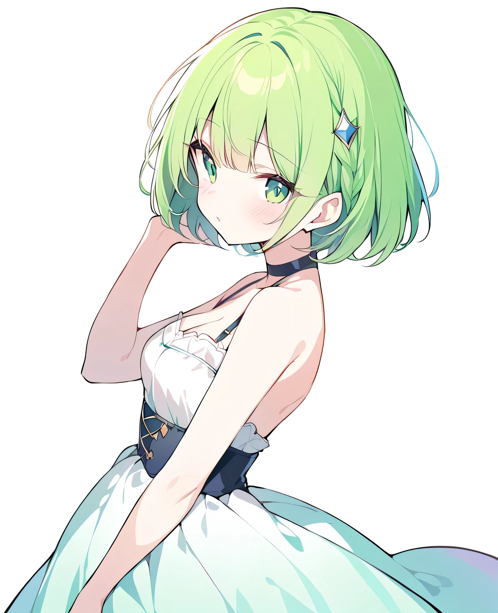 ((1 person)), girl , top rated on pixiv, Highest Masterpieces,Green Hair, short bob hair, green eyes,Princess, empty background,(White background)