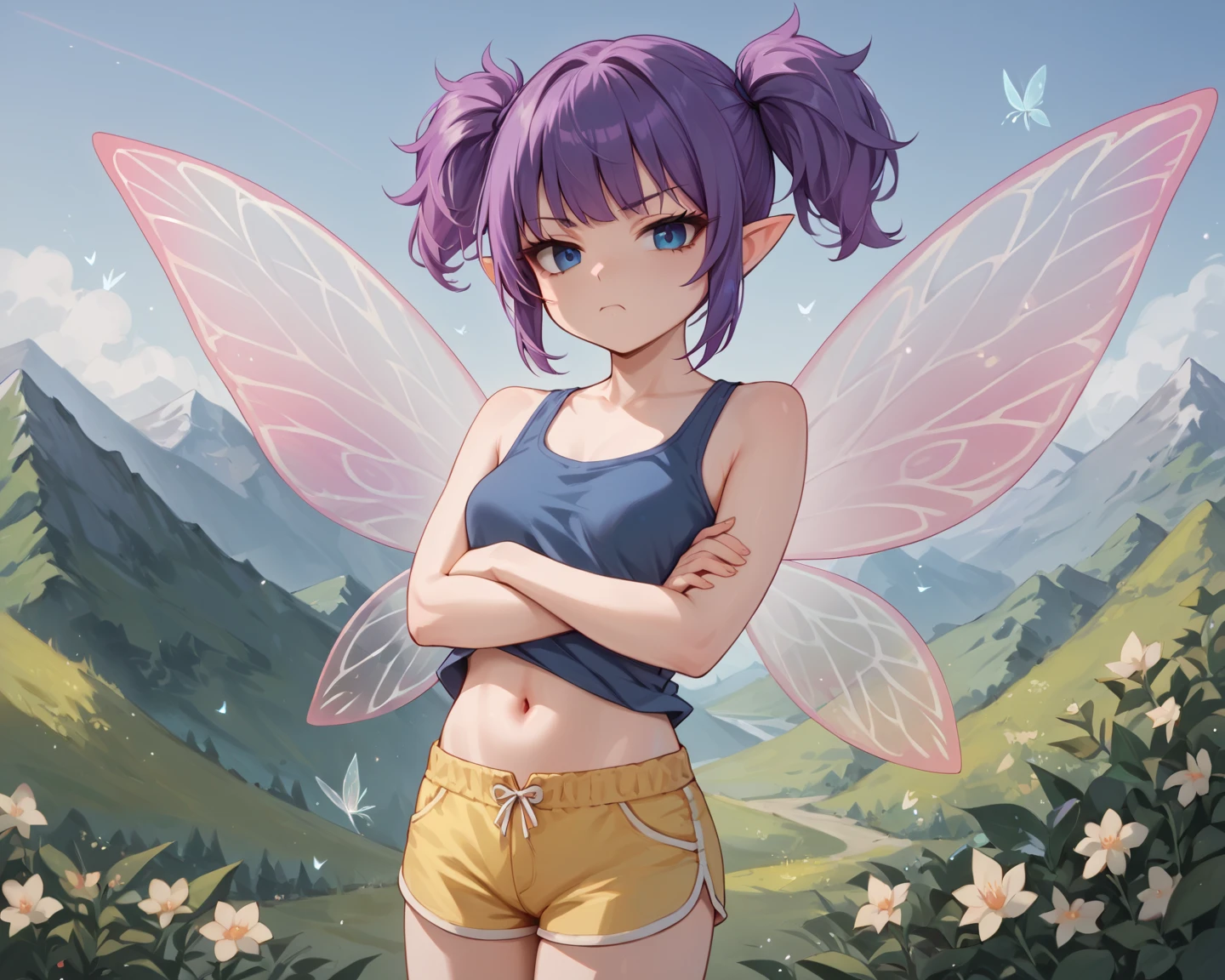 score_9_up, score_8_up, score_7_up, 1girl, solo, source_anime, fairy, FairyForm, Fairy Wings, Wings BREAK 

Short twintails, fairy wings, bangs, small breasts, purple hair, blue eyes BREAK 

White tank top, navel, Yellow shorts BREAK 

Closed mouth, bored face, looking at viewer, crossed arms, outdoors, mountains, background sky, cloudy sky, blue sky BREAK 