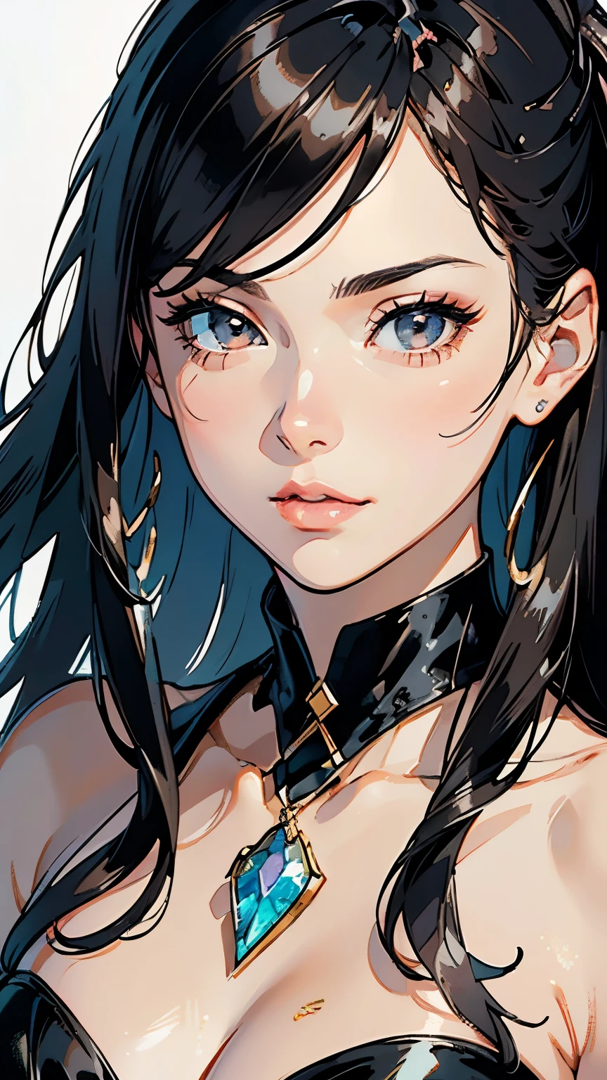 photo realistic ,  lip gloss,  realistic ,  top quality ,  super high res, Depth,  pastel colors , Natural Shading,  focus on the face, Only the face, Watching viewers,  long hair,  black hair, Brown detailed eyes,  black dress,  gloves,  anatomically correct 