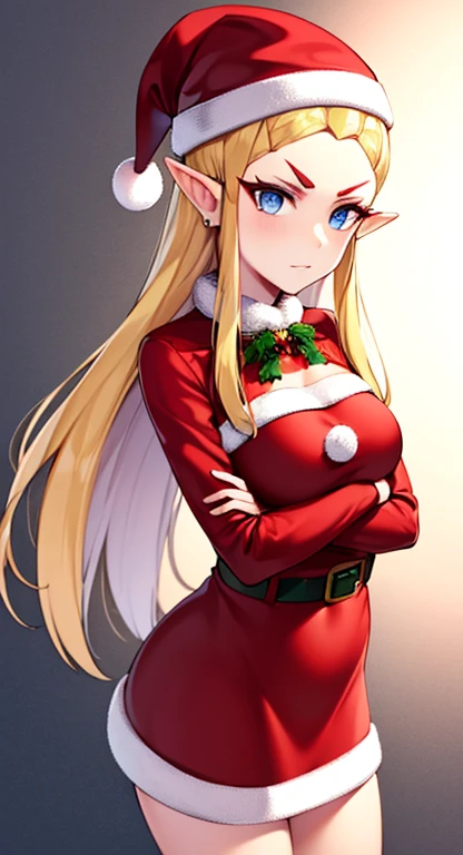 Masterpiece, best quality, portrait, (masterpiece, best quality)1.5, 1girl, solo, red Christmas outfit female elf, cute, Santa hat, blue eyes, blush, jingle bells, freckles, conservative clothes, cute clothing