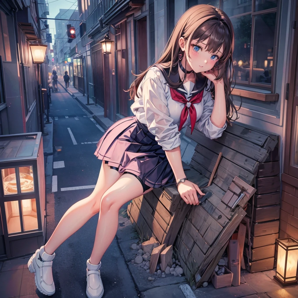 Very detailed, CG, Unity , 8k wallpaper, wonderful, In detail, (masterpiece:1.5, Highest quality), (Intricate details, Depth of written boundary), Dynamic posture,masterpiece, Highest quality,narrow angle,night,Sailor suit,Red tie,crying,,High quality white panties,Lean back,I'm on my knees,Sit on a park bench at night,fat,Torn shirt,Sigh,Dark House,Sneakers and loose shirt, {{beautiful middle size breasts 1:4}},Pleated skirt,Photoreal 1;4,brown hair,full body ,portrait1;4, high quality panties,{{schoolgirl}},top quality,cute girl,high quality background, slanted eyes, detailed shirt chest wrinkles,BREAK, {{beautiful blue eye1:4}}, Accurate 5 fingers