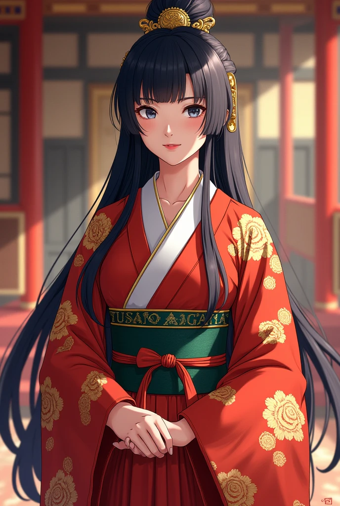  Japan's Sengoku period story ,  Toyotomi Hideyori's wife, the young Senhime, Body facing forward,  Black Hair Long Straight , Beautiful and elegant face , Inside Osaka Castle , Luxurious outfits in bright colors,  high image quality, masterpiece, 