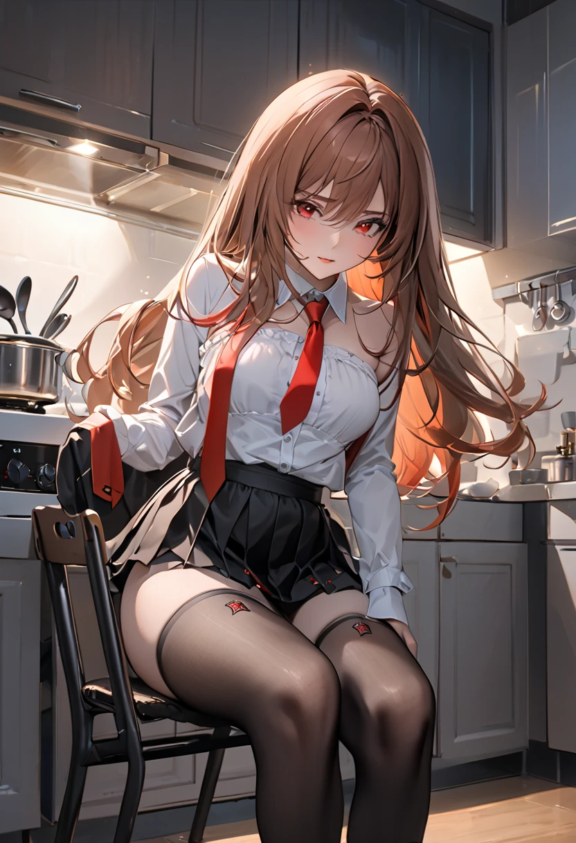 masterpiece、 soft light、1girl , brown long hair、red eyes , White strapless top、black panty、 kitchen、 changing clothes、 black knee-highs、night、 side angle、 red tie 、 black skirt、chair、sit、cool、Real Touch、Fine art