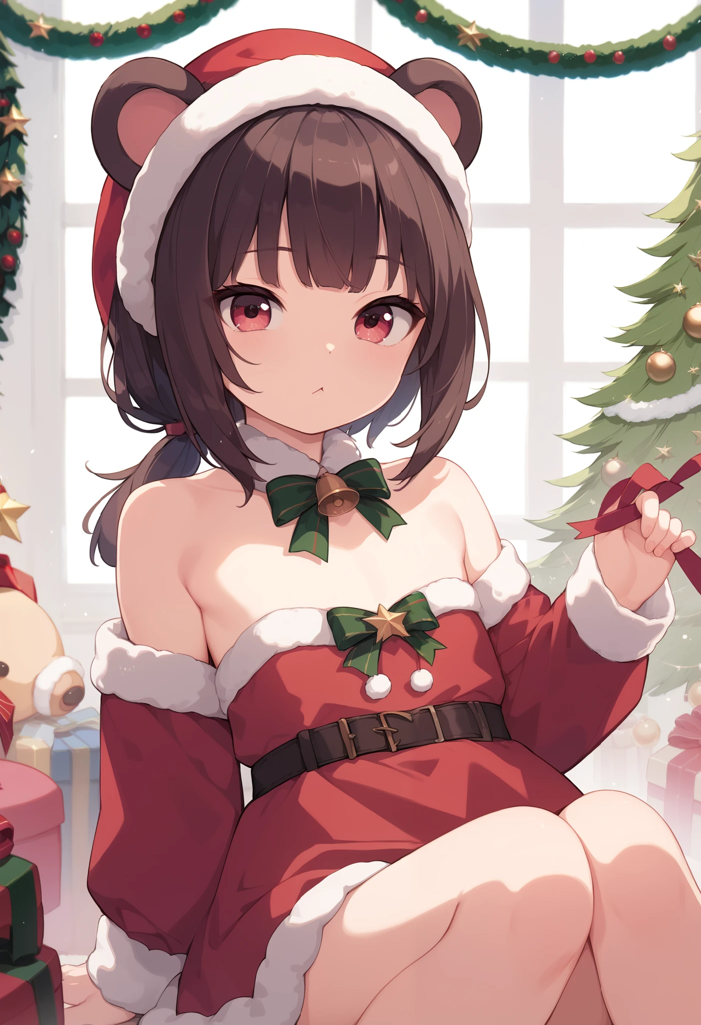 (wearing cute red christmas dress, wearing big red christmas hat, big red ribbon on the back of her hair, christmas gloves, wear long black stocking, knee high red christmas boots:1.5), picture infront of big christmas tree on a big outdoor plaza at night with starry sky and a lot of hanging christmas light, (gentle housewife, small girl, full body, depth of view, petite and short figure girl, cute and , perfect woman, medium cleavage, mature aura:1.2), (masterpiece, best quality, HD Pictures, 4K:1.1), outdoor, very long hair, bangs, gentle look, gentle smile, gentle eyes, mature looking, pinkish cheeks, very detailed eyes, very detailed pupils, very detailed ridiculously long black hair, detailed face, detailed ruby red eyes, full body, look up to viewer, detailed long black hair, (happy gentle face, warm smile, blushing red cheeks, hands reaching towards viewer:1.3)