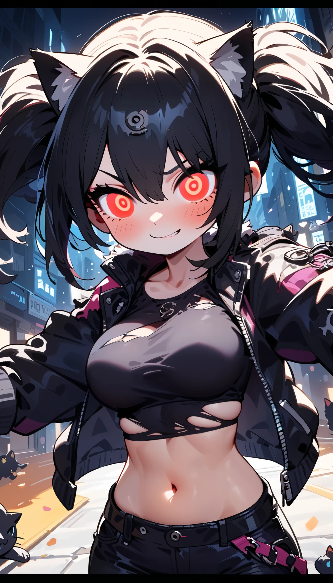 solo,1girl\(cute, kawaii,(evil smile:1.2),(black hair:1),(long hair),(twin tails hair),pale skin, skin color blue, red eyes, eyes shining, (big eyes),(breast:1.4),(punk fashion:1.6),(ripped clothes:1.5),(tight tube top),(tight hot pants),(stomach shown:0.8),(abs:0.5),(ripped black short jacket:1.4),(fluffy black cat-ear:1.4),(dynamic pose:1.3), (spiral eye:1.4),(bang),(detailed pupil:1.3)\), BREAK ,background\(outside, noisy city, backstreet, narrow street, neon lights, at night\), BREAK ,quality\(8k,wallpaper of extremely detailed CG unit, high resolution, top-quality, top-quality real texture skin, hyper realistic, increase the resolution, RAW photos, best quality, highly detailed, the wallpaper,golden ratio,high saturation realism, vibrant colors, dramatic lighting, persuasive storytelling, atmospheric scenery, captivating visuals, intricate details, strong emotions,dreamlike world\),(close up:1.0),dynamic angle, game screen cap