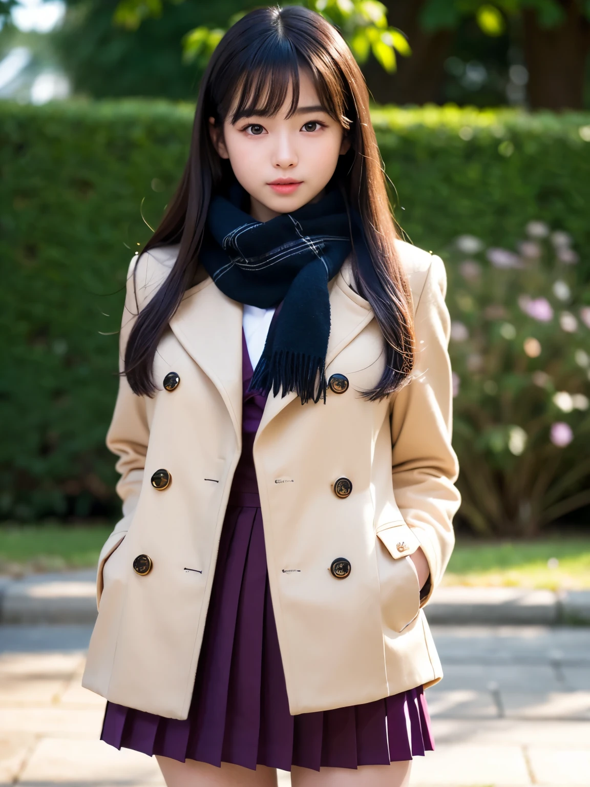 ((Duffel coat、hi-school girl、a miniskirt、thighs thighs thighs thighs、Mouton Boots、open the legs widely、Detailed panties:1.2))、(realisitic、Photorealsitic、ultra-detailliert、Highest Details Skins、top-quality、masterpiece、超A high resolution)、Realistic skin type、Japan schoolgirl uniform、simple background、Cute Japan person、18year old、younggirl、I have bangs、二重まぶた、drooing eyes、Cute smile、Charming、purity、double tooth、View here、Winters、It's snowing、Thick check muffler、The wind is blowing