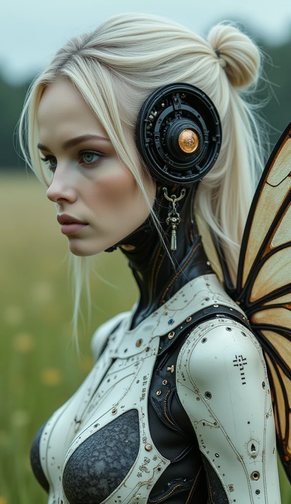 Closeup cyborg girl wearing a moth-like plug suit、Detailed skin、Actual item、grassland、photograph、((Big moth wings))、((Ancient Technology))、((Model pose))、cyber punk、skeleton、Wide-angle lens、nsfw:1.2、A plug suit that emphasizes bondage、Exposed internal machinery、Artistic、delicate