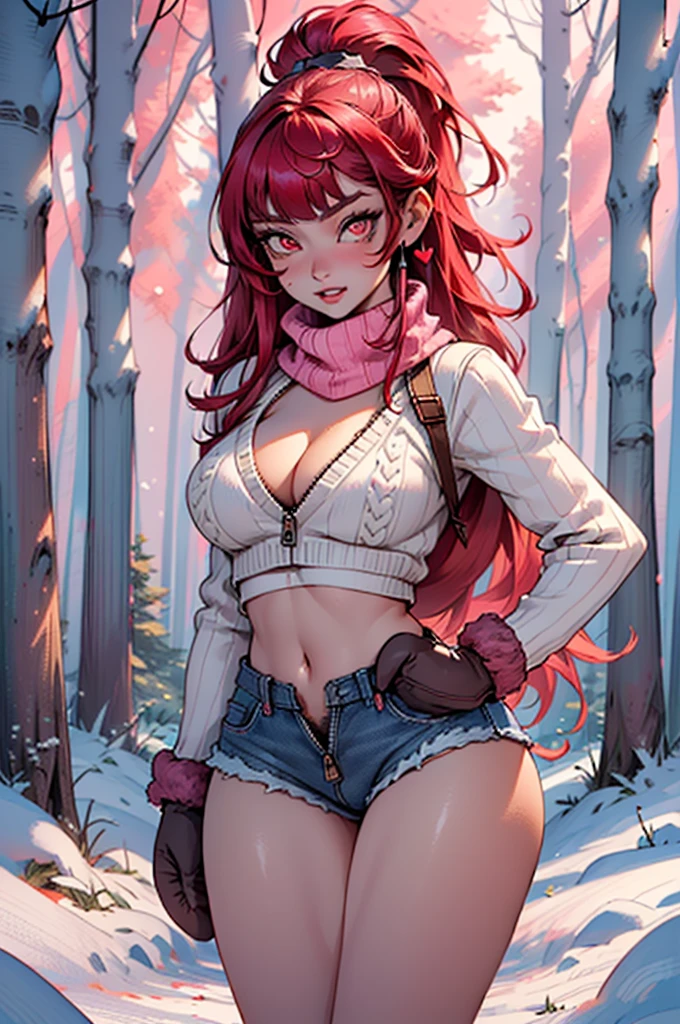 explorer girl,1girl,((extremely cute and beautiful red haired explorer girl)),(((18 years old))),(large breasts:1.4),((((red hair:1.35,absurdly long unkempt hair,ponytail red hair,bangs,colored inner hair,ear breathing)))),(((red_eyes:1.3))),intricate eyes,beautiful detailed eyes,symmetrical eyes,((((lustrous skin:1.5,tanned skin,bright skin:1.5,skin tanned,shiny skin,very shiny skin,shiny body)))),(spider lower abdomen,narrow waist,wide hip,athletic body,inflated legs,thick thighs,detailed body,(detailed face)),((heart pupils:1.5,heart:1.3,hearts:1.3,heart marks:1.3)),(ahegao face:1.5),
cute,slutty,seductive,erotic,(nsfw),
((large white socks:1.5,socks texture must be natural)),((deep V sweater:1.5)),((no bottoms)),((white mittens:1.5,white scarf:1.5),((navel)),((shorts,short shorts,denim shorts)),(((unzipped, open fly))),
(dynamic pose:1.0),embarrassed,(centered,scale to fit dimensions,Rule of thirds),
((snowy pink cherry forest:1.5,pink theme forest:1.5)),winter,scenery:1.25,((intricate scenery)),((snow forest background)),Christmas tree,
(Glossy winter ornaments),highres,sharp focus,(ultra detailed,extremely detailed),(photorealistic artwork:1.37),(extremely detailed CG unity 8k wallpaper),(((vibrant colors,vibrant theme))),(intricate),(masterpiece),(best quality),